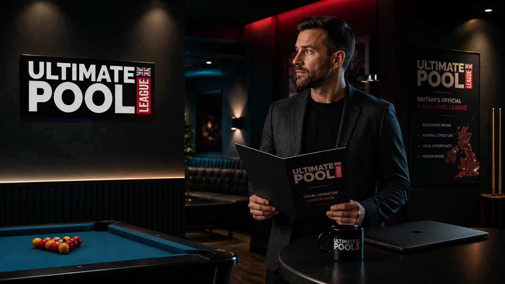 Professional local operator reviewing Ultimate Pool League launch materials in a branded UK pool venue