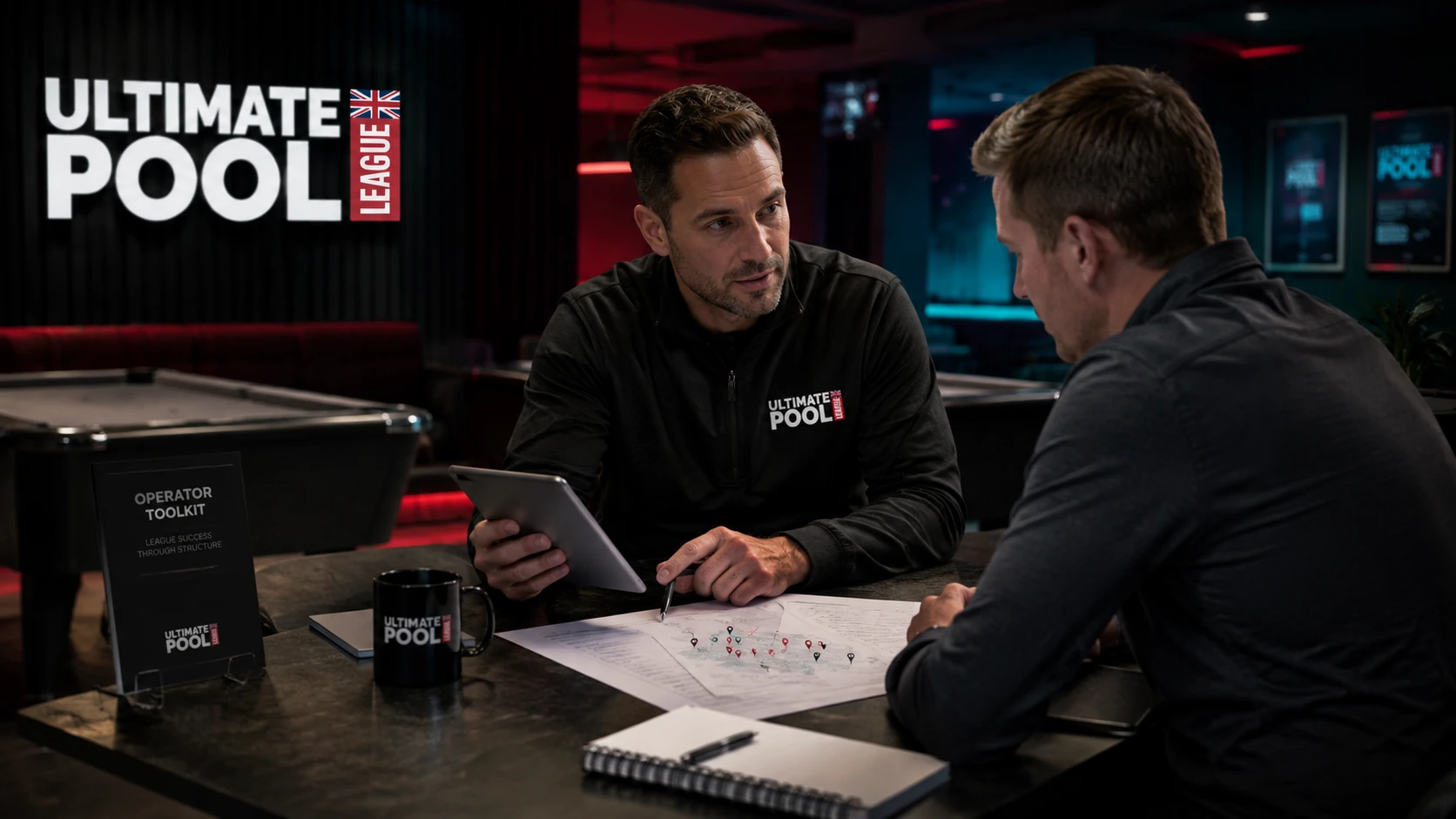UPL regional pool league operator reviewing venue plans and local league delivery in a UK pool venue