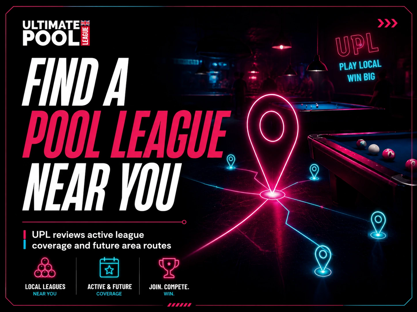 Find a pool league near you. UPL reviews active league coverage and future area routes.